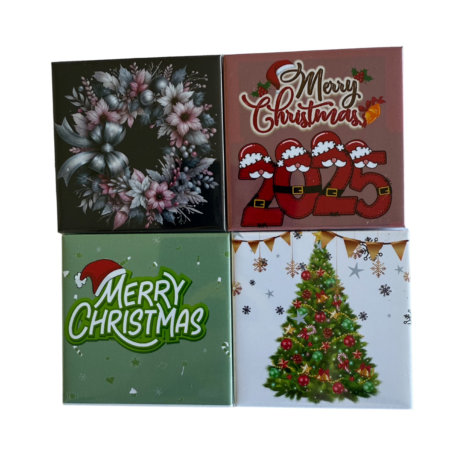 Four Christmas-themed greeting cards with different designs on a white background.